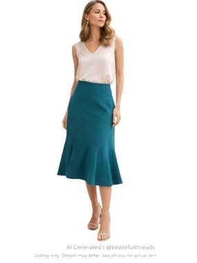 Minimalist Green/Teal Midi Skirt Flowy Hem Quiet Luxury Workwear